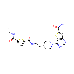 CCNC(=O)c1ccc(C(=O)NCCC2CCN(c3ncnc4cc(C(N)=O)sc34)CC2)s1 ZINC000095592606