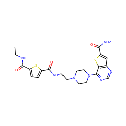 CCNC(=O)c1ccc(C(=O)NCCN2CCN(c3ncnc4cc(C(N)=O)sc34)CC2)s1 ZINC000095586526