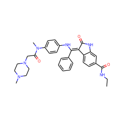 CCNC(=O)c1ccc2c(c1)NC(=O)/C2=C(\Nc1ccc(N(C)C(=O)CN2CCN(C)CC2)cc1)c1ccccc1 ZINC000101372845