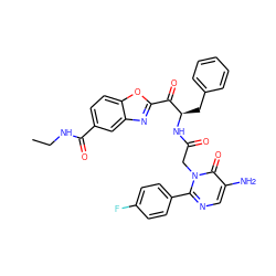 CCNC(=O)c1ccc2oc(C(=O)[C@@H](Cc3ccccc3)NC(=O)Cn3c(-c4ccc(F)cc4)ncc(N)c3=O)nc2c1 ZINC000028754728