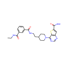 CCNC(=O)c1cccc(C(=O)NCCC2CCN(c3ncnc4cc(C(N)=O)sc34)CC2)c1 ZINC000095586688