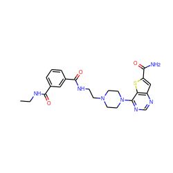 CCNC(=O)c1cccc(C(=O)NCCN2CCN(c3ncnc4cc(C(N)=O)sc34)CC2)c1 ZINC000095592181