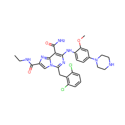 CCNC(=O)c1cn2c(Cc3c(Cl)cccc3Cl)nc(Nc3ccc(N4CCNCC4)cc3OC)c(C(N)=O)c2n1 ZINC000200880920