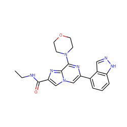 CCNC(=O)c1cn2cc(-c3cccc4[nH]ncc34)nc(N3CCOCC3)c2n1 ZINC000068247291