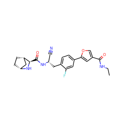 CCNC(=O)c1coc(-c2ccc(C[C@@H](C#N)NC(=O)[C@H]3N[C@@H]4CC[C@H]3C4)c(F)c2)c1 ZINC000219291387