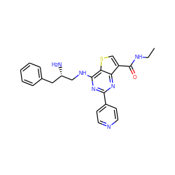 CCNC(=O)c1csc2c(NC[C@@H](N)Cc3ccccc3)nc(-c3ccncc3)nc12 ZINC000223690214