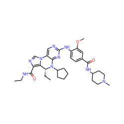 CCNC(=O)c1ncn2c1[C@@H](CC)N(C1CCCC1)c1nc(Nc3ccc(C(=O)NC4CCN(C)CC4)cc3OC)ncc1-2 ZINC001772634556