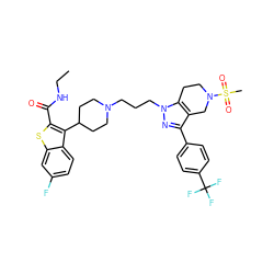 CCNC(=O)c1sc2cc(F)ccc2c1C1CCN(CCCn2nc(-c3ccc(C(F)(F)F)cc3)c3c2CCN(S(C)(=O)=O)C3)CC1 ZINC000028824396