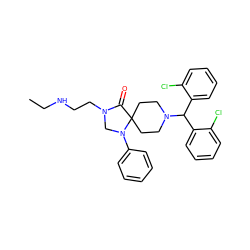 CCNCCN1CN(c2ccccc2)C2(CCN(C(c3ccccc3Cl)c3ccccc3Cl)CC2)C1=O ZINC000044430684