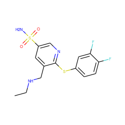 CCNCc1cc(S(N)(=O)=O)cnc1Sc1ccc(F)c(F)c1 ZINC000049089545