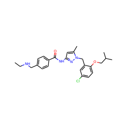 CCNCc1ccc(C(=O)Nc2cc(C)n(Cc3cc(Cl)ccc3OCC(C)C)n2)cc1 ZINC000040935268