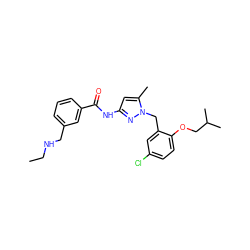 CCNCc1cccc(C(=O)Nc2cc(C)n(Cc3cc(Cl)ccc3OCC(C)C)n2)c1 ZINC000040421001