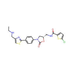 CCNCc1csc(-c2ccc(N3C[C@H](CNC(=O)c4ccc(Cl)s4)OC3=O)cc2)n1 ZINC000299865196