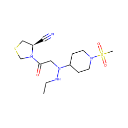 CCNN(CC(=O)N1CSC[C@H]1C#N)C1CCN(S(C)(=O)=O)CC1 ZINC000084589085