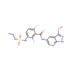 CCNS(=O)(=O)Nc1ccc(F)c(C(=O)Nc2cnc3[nH]nc(OC)c3c2)c1F ZINC000072182206