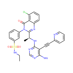 CCNS(=O)(=O)c1cccc(-n2c([C@H](C)Nc3ncnc(N)c3C#Cc3ccccn3)nc3cccc(Cl)c3c2=O)c1 ZINC000209633434