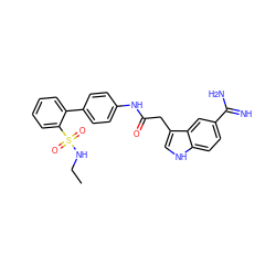 CCNS(=O)(=O)c1ccccc1-c1ccc(NC(=O)Cc2c[nH]c3ccc(C(=N)N)cc23)cc1 ZINC000013835126