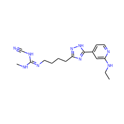 CCNc1cc(-c2nc(CCCC/N=C(/NC)NC#N)n[nH]2)ccn1 ZINC000026274417