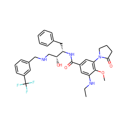 CCNc1cc(C(=O)N[C@@H](Cc2ccccc2)[C@H](O)CNCc2cccc(C(F)(F)F)c2)cc(N2CCCC2=O)c1OC ZINC000044280659