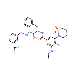 CCNc1cc(C(=O)N[C@@H](Cc2ccccc2)[C@H](O)CNCc2cccc(C(F)(F)F)c2)cc(N2CCCCS2(=O)=O)c1C ZINC000042834921