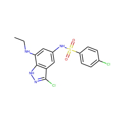 CCNc1cc(NS(=O)(=O)c2ccc(Cl)cc2)cc2c(Cl)n[nH]c12 ZINC000013531364