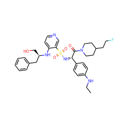 CCNc1ccc([C@H](NS(=O)(=O)c2cnccc2N[C@H](CO)Cc2ccccc2)C(=O)N2CCC(CCF)CC2)cc1 ZINC000036093426