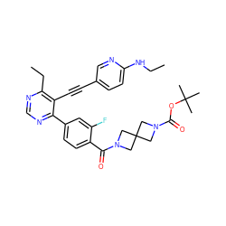 CCNc1ccc(C#Cc2c(CC)ncnc2-c2ccc(C(=O)N3CC4(CN(C(=O)OC(C)(C)C)C4)C3)c(F)c2)cn1 ZINC000169700691