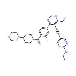 CCNc1ccc(C#Cc2c(CC)ncnc2-c2ccc(C(=O)N3CCC(N4CCOCC4)CC3)c(F)c2)cn1 ZINC000167450296