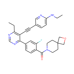 CCNc1ccc(C#Cc2c(CC)ncnc2-c2ccc(C(=O)N3CCC4(CC3)COC4)c(F)c2)cn1 ZINC000148775009