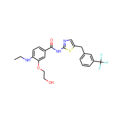 CCNc1ccc(C(=O)Nc2ncc(Cc3cccc(C(F)(F)F)c3)s2)cc1OCCO ZINC000043079616