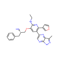 CCNc1nc(-c2ccoc2)c(-c2cnc3[nH]nc(C)c3n2)cc1OC[C@@H](N)Cc1ccccc1 ZINC000045349847