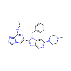 CCNc1nc(-c2nc3cnc(N4CCN(C)CC4)cc3n2Cc2ccccc2)cn2c(C)nnc12 ZINC000220658690