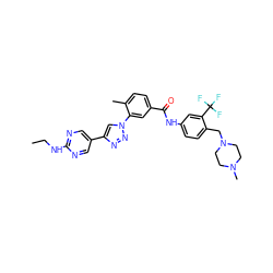 CCNc1ncc(-c2cn(-c3cc(C(=O)Nc4ccc(CN5CCN(C)CC5)c(C(F)(F)F)c4)ccc3C)nn2)cn1 ZINC000095574543