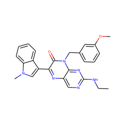 CCNc1ncc2nc(-c3cn(C)c4ccccc34)c(=O)n(Cc3cccc(OC)c3)c2n1 ZINC000004238983