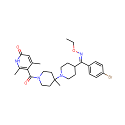 CCO/N=C(/c1ccc(Br)cc1)C1CCN(C2(C)CCN(C(=O)c3c(C)cc(=O)[nH]c3C)CC2)CC1 ZINC000027520445