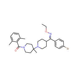 CCO/N=C(/c1ccc(Br)cc1)C1CCN(C2(C)CCN(C(=O)c3c(C)cccc3C)CC2)CC1 ZINC000026985002