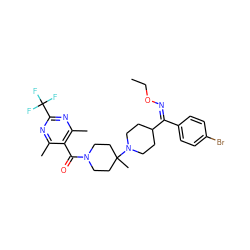 CCO/N=C(/c1ccc(Br)cc1)C1CCN(C2(C)CCN(C(=O)c3c(C)nc(C(F)(F)F)nc3C)CC2)CC1 ZINC000027521630