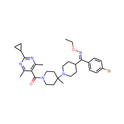 CCO/N=C(/c1ccc(Br)cc1)C1CCN(C2(C)CCN(C(=O)c3c(C)nc(C4CC4)nc3C)CC2)CC1 ZINC000027518089