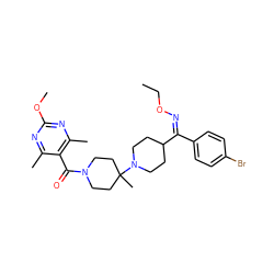 CCO/N=C(/c1ccc(Br)cc1)C1CCN(C2(C)CCN(C(=O)c3c(C)nc(OC)nc3C)CC2)CC1 ZINC000027519860