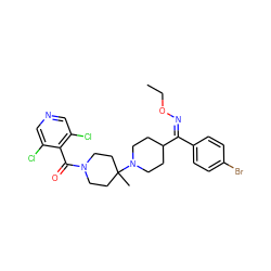 CCO/N=C(/c1ccc(Br)cc1)C1CCN(C2(C)CCN(C(=O)c3c(Cl)cncc3Cl)CC2)CC1 ZINC000027518835