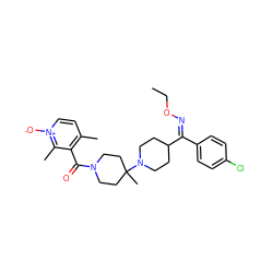 CCO/N=C(/c1ccc(Cl)cc1)C1CCN(C2(C)CCN(C(=O)c3c(C)cc[n+]([O-])c3C)CC2)CC1 ZINC000027517433