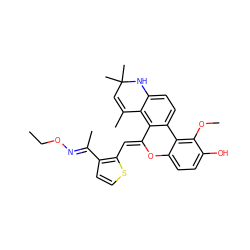 CCO/N=C(\C)c1ccsc1/C=C1\Oc2ccc(O)c(OC)c2-c2ccc3c(c21)C(C)=CC(C)(C)N3 ZINC000014968582