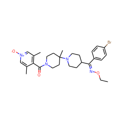 CCO/N=C(\c1ccc(Br)cc1)C1CCN(C2(C)CCN(C(=O)c3c(C)c[n+]([O-])cc3C)CC2)CC1 ZINC000027749728