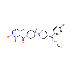 CCO/N=C(\c1ccc(Br)cc1)C1CCN(C2(C)CCN(C(=O)c3c(C)cc[n+]([O-])c3C)CC2)CC1 ZINC000003964224