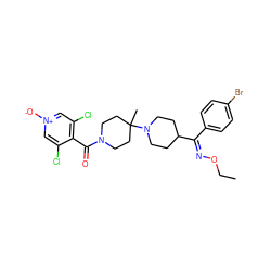 CCO/N=C(\c1ccc(Br)cc1)C1CCN(C2(C)CCN(C(=O)c3c(Cl)c[n+]([O-])cc3Cl)CC2)CC1 ZINC000027766823