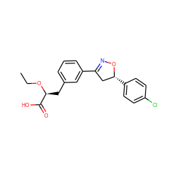 CCO[C@@H](Cc1cccc(C2=NO[C@H](c3ccc(Cl)cc3)C2)c1)C(=O)O ZINC000040421333