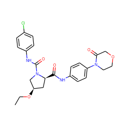 CCO[C@@H]1C[C@H](C(=O)Nc2ccc(N3CCOCC3=O)cc2)N(C(=O)Nc2ccc(Cl)cc2)C1 ZINC000113065888