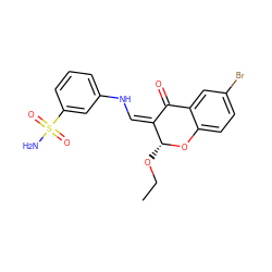 CCO[C@H]1Oc2ccc(Br)cc2C(=O)/C1=C\Nc1cccc(S(N)(=O)=O)c1 ZINC000072113767