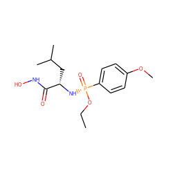 CCO[P@](=O)(N[C@@H](CC(C)C)C(=O)NO)c1ccc(OC)cc1 ZINC000084462391