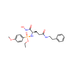 CCO[P@](=O)(N[C@H](CCC(=O)NCCc1ccccc1)C(=O)NO)c1ccc(OC)cc1 ZINC000013490336